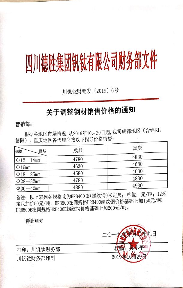 四川德胜集团钒钛有限公司10月29日钢材销售指导价