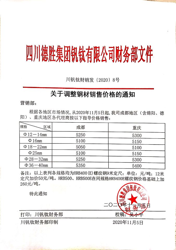 四川德胜集团钒钛有限公司11月5日钢材销售指导价