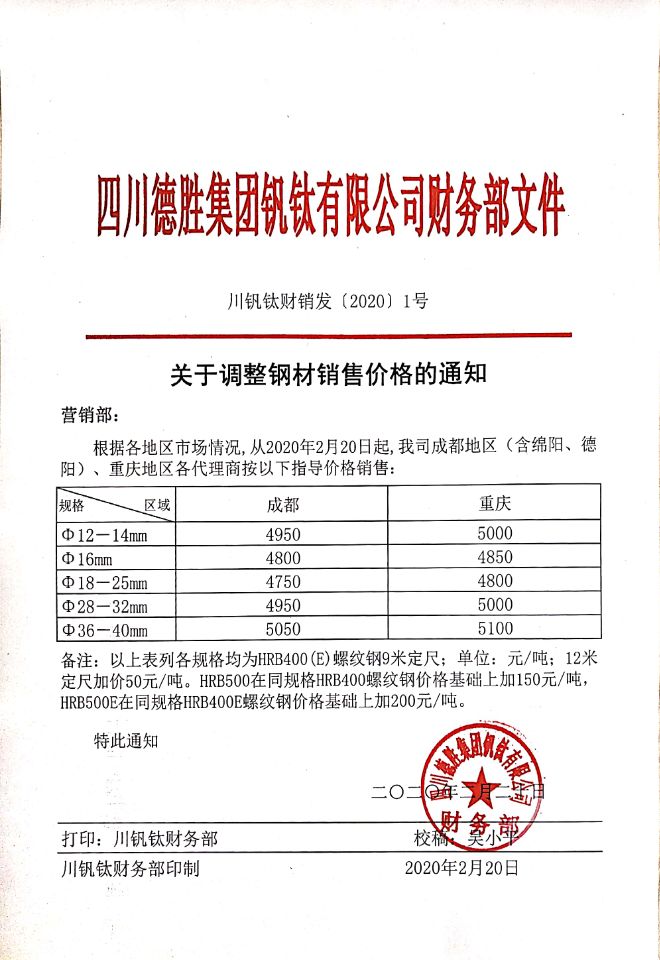 四川德胜集团钒钛有限公司2月20日钢材销售指导价