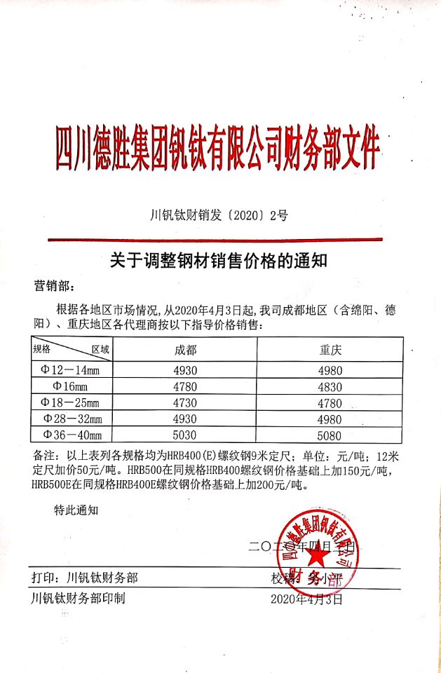 四川德胜集团钒钛有限公司4月3日钢材销售指导价