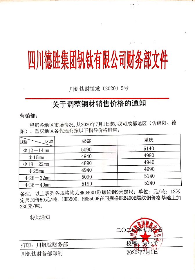 四川德胜集团钒钛有限公司7月1日钢材销售指导价