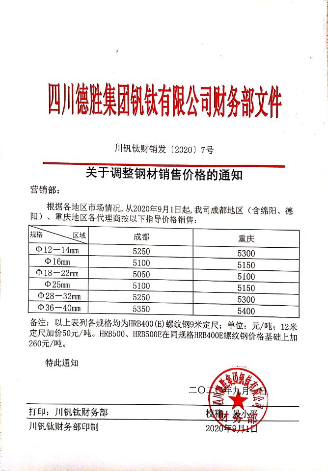 四川德胜集团钒钛有限公司9月1日钢材销售指导价